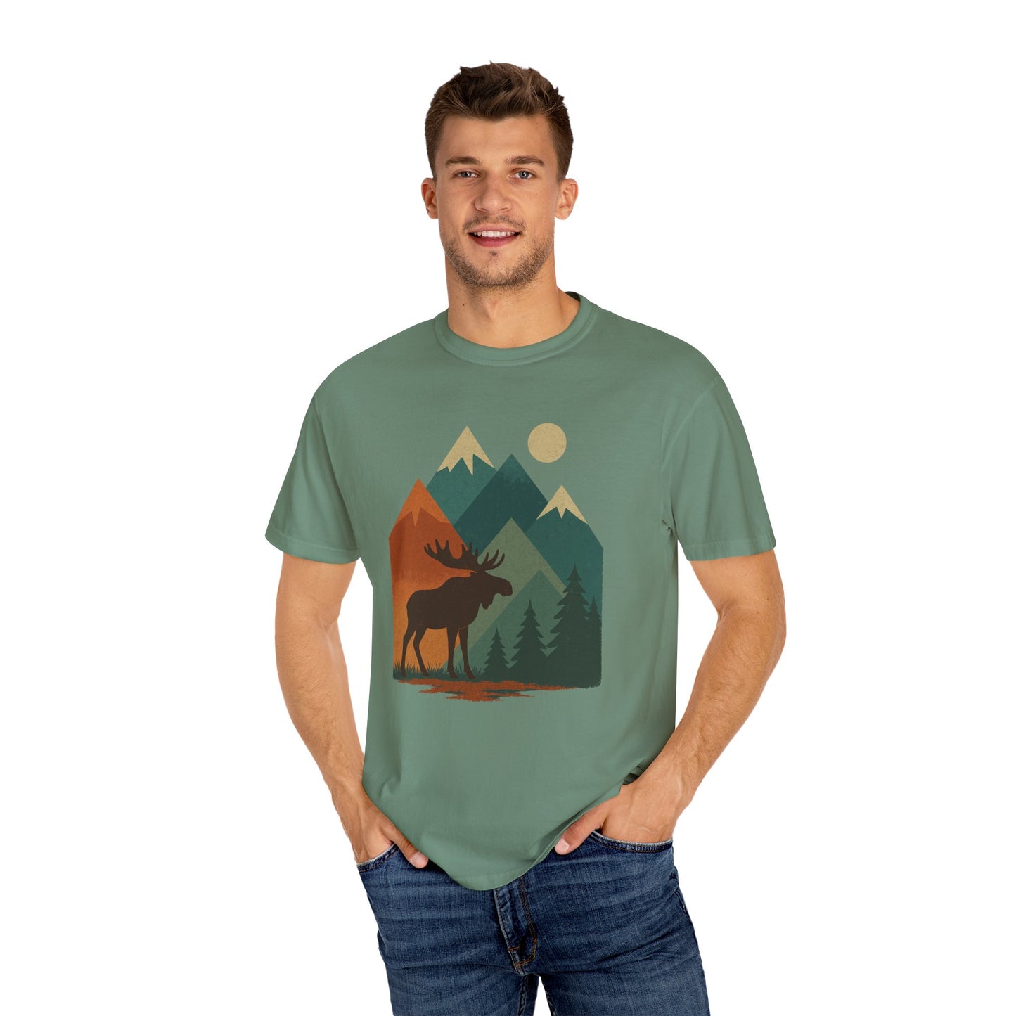 Nature-Inspired Unisex T-Shirt with Moose and Mountains Design