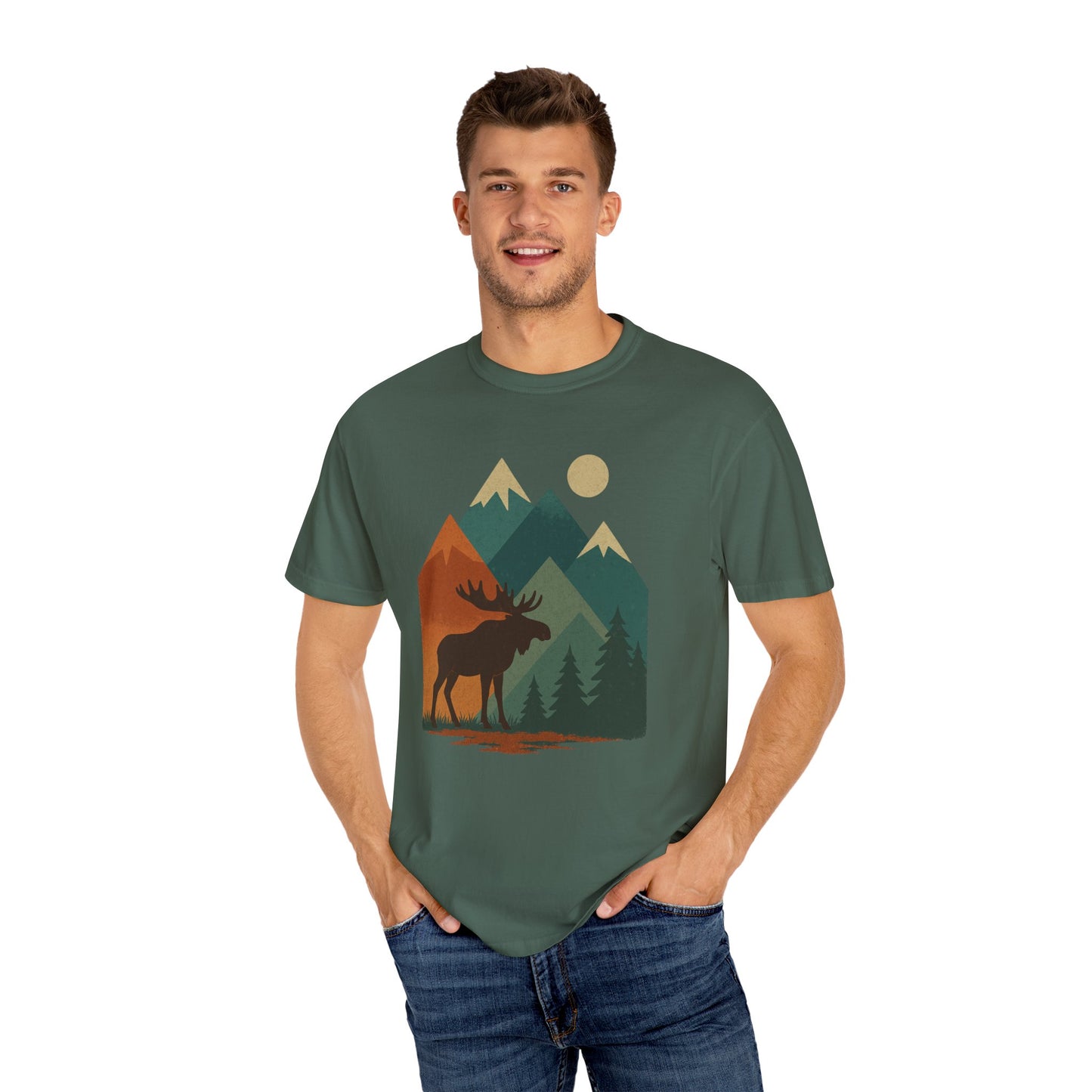Nature-Inspired Unisex T-Shirt with Moose and Mountains Design