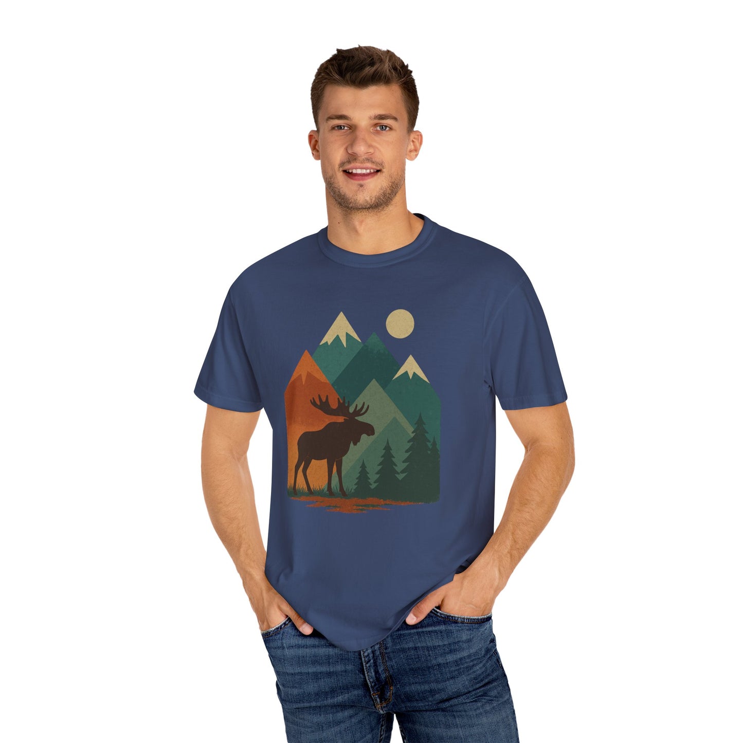 Nature-Inspired Unisex T-Shirt with Moose and Mountains Design