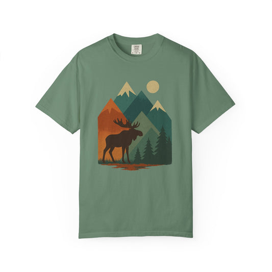 Nature-Inspired Unisex T-Shirt with Moose and Mountains Design